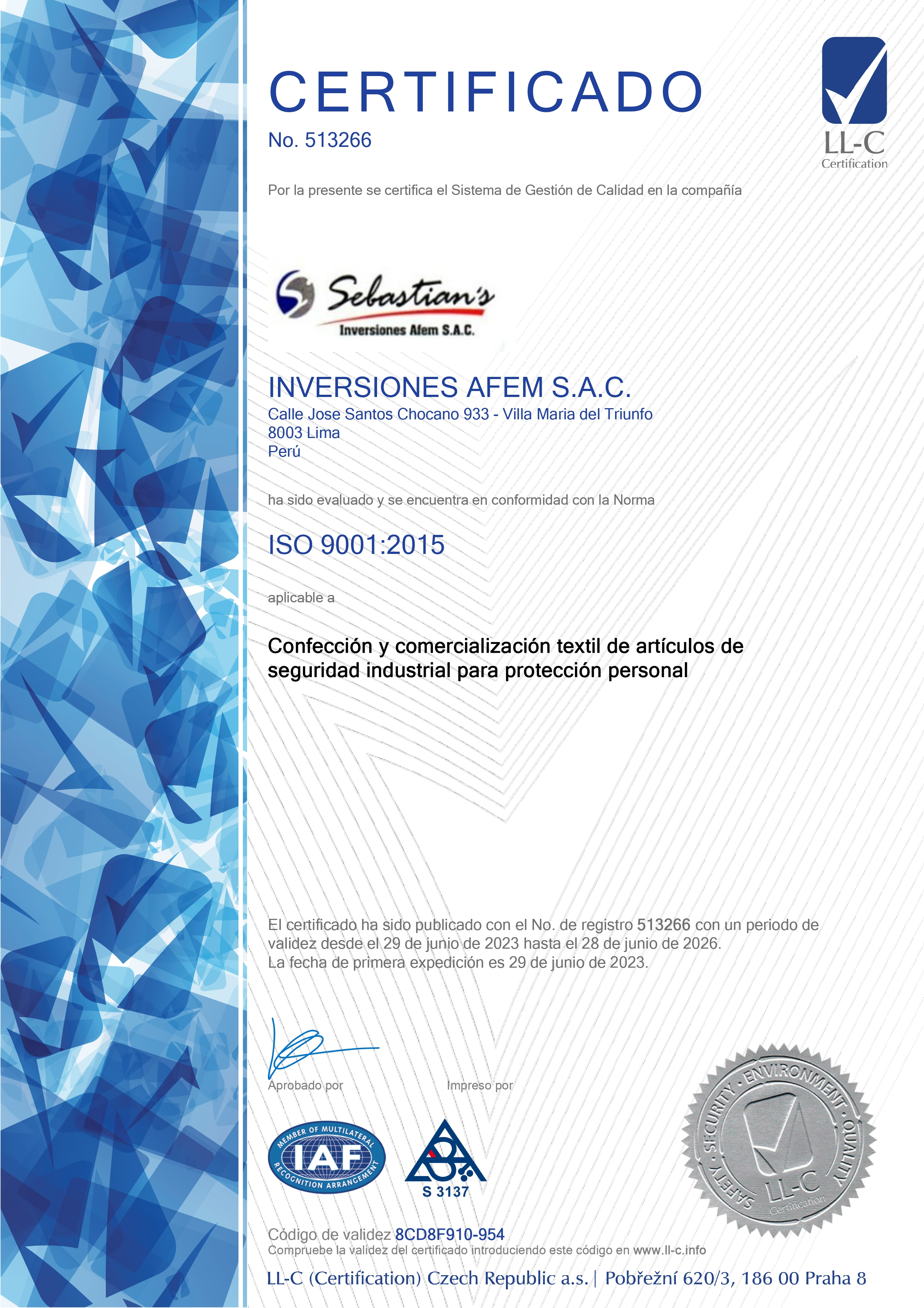 Certificado ISO 9001:2015 - Inversiones AFEM S.A.C.